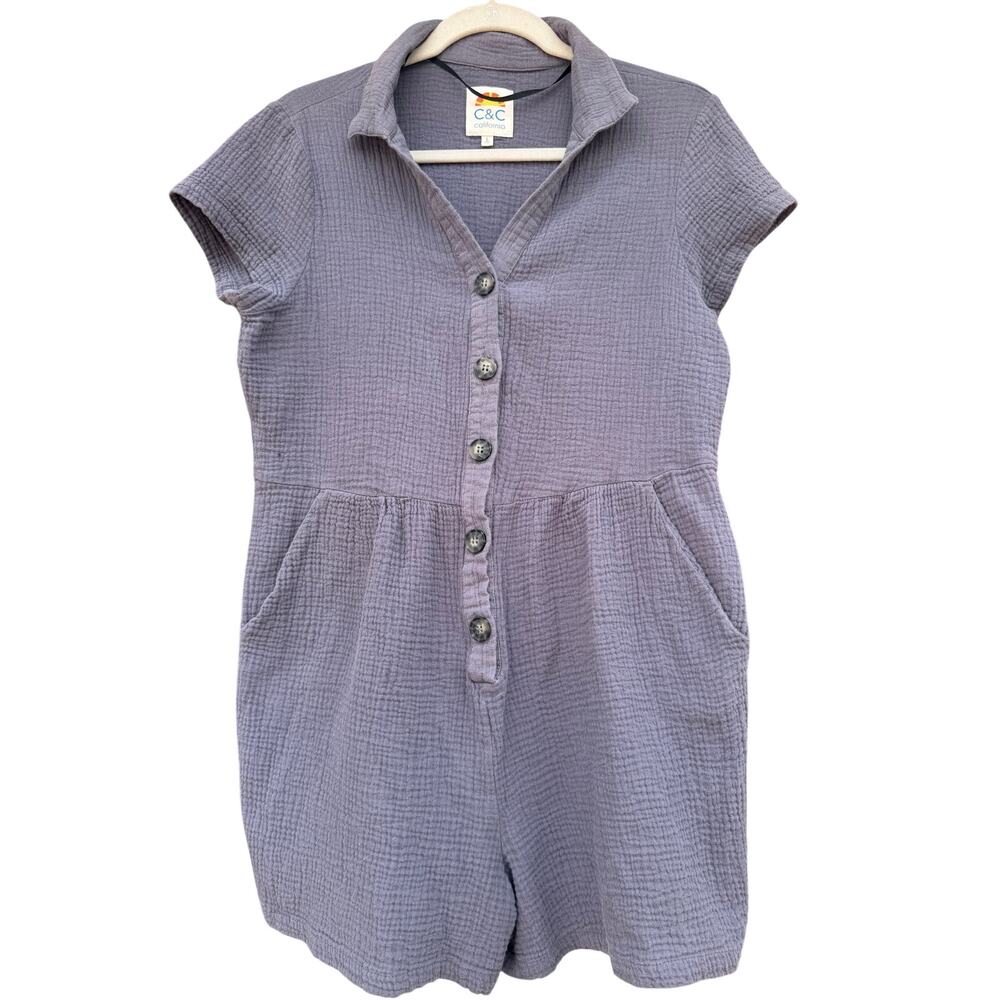 C & C California Blue Gauzy Cotton Short Sleeve Button Up Romper Collar Size L